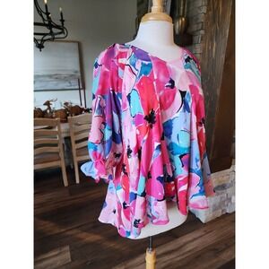 Umgee Watercolor Multi-Color Floral V-Neck Tunic Top Oversized Women's Size S